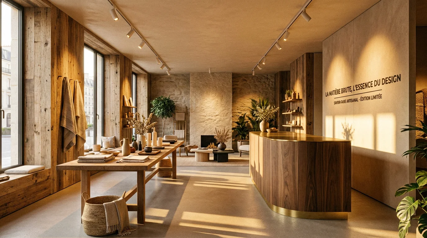 Espace commercial avec éclairage intérieur professionnel mettant en valeur les produits et les matériaux