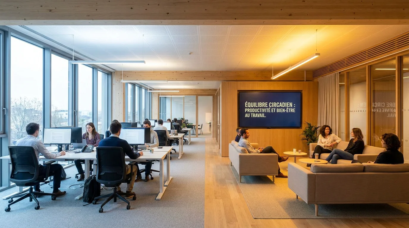 Bureau open-space avec éclairage circadien adaptant la lumière selon le moment de la journée