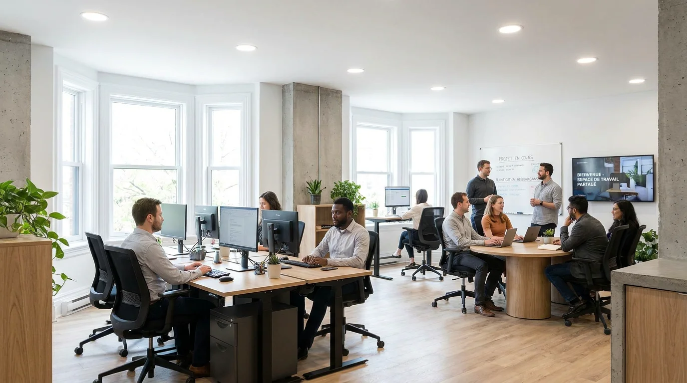 Espace de bureau moderne éclairé par des luminaires encastrés LED offrant un confort visuel optimal