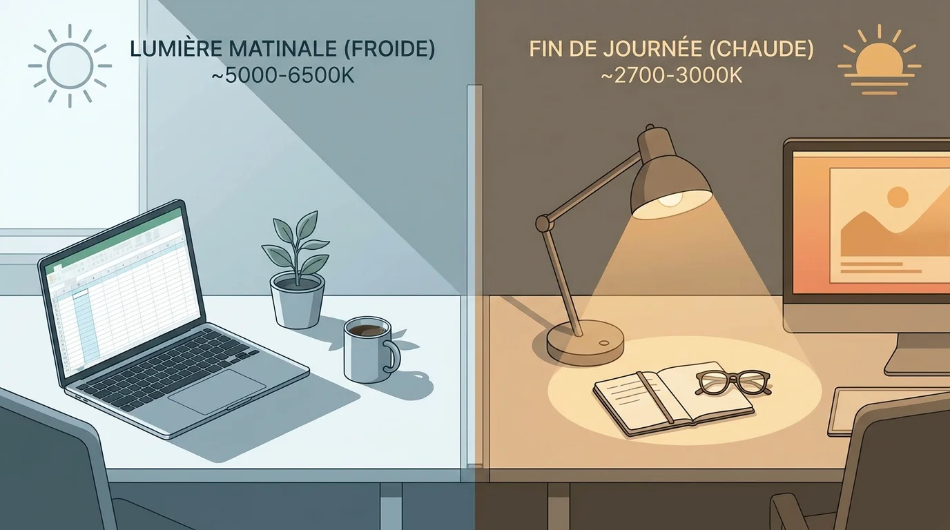 Comparaison d'ambiances lumineuses au bureau entre lumière froide du matin et lumière chaude du soir
