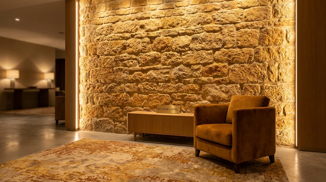 Mur en pierre intérieur sublimé par un éclairage rasant chaud révélant les textures naturelles