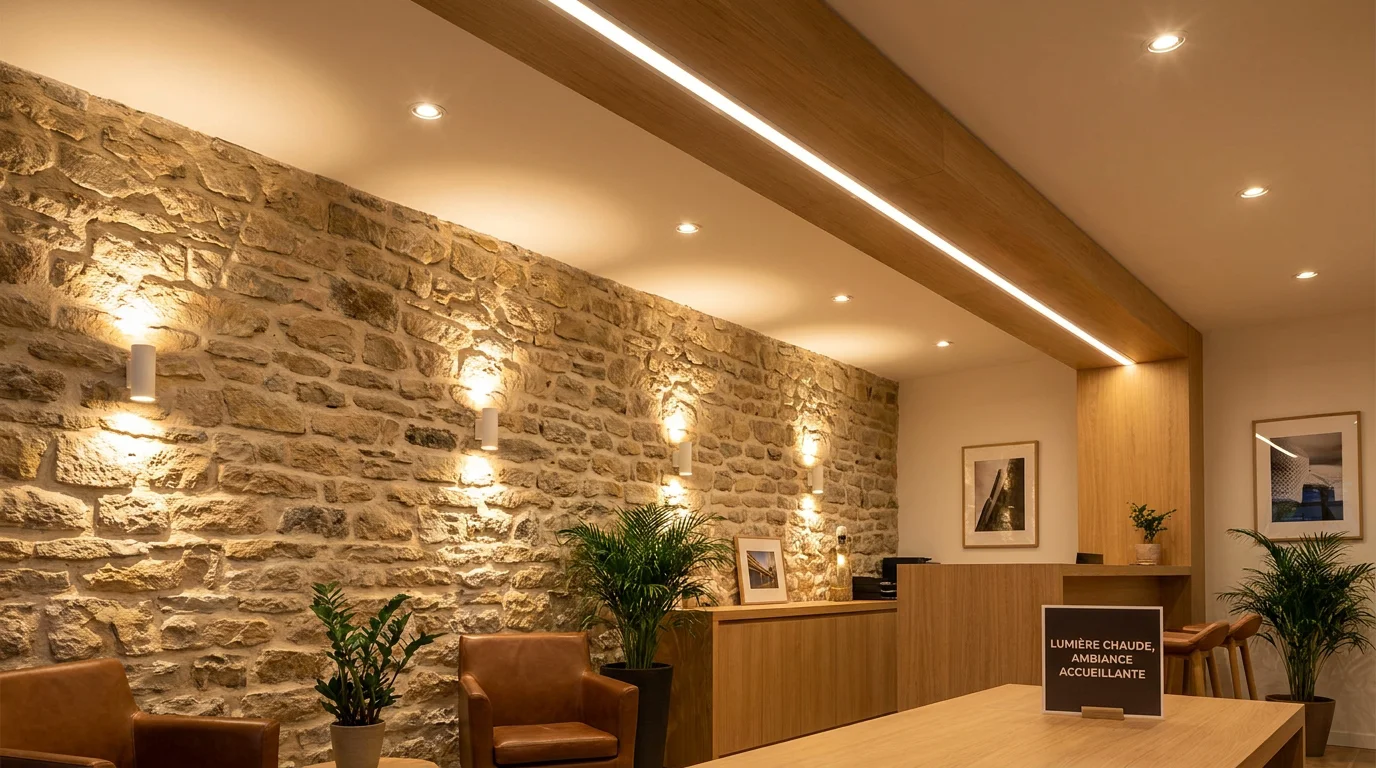 Différents luminaires intérieurs installés sur un mur en pierre dans un espace professionnel