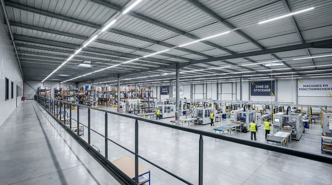 Espace industriel moderne avec des luminaires LED suspendus au plafond