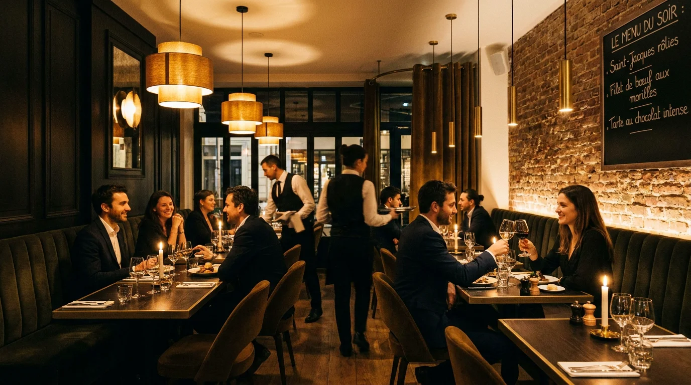 Restaurant avec un éclairage d'ambiance chaleureux créé par des suspensions design
