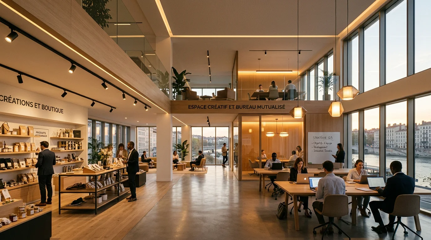 Espace commercial moderne mis en valeur par un éclairage connecté au coucher du soleil
