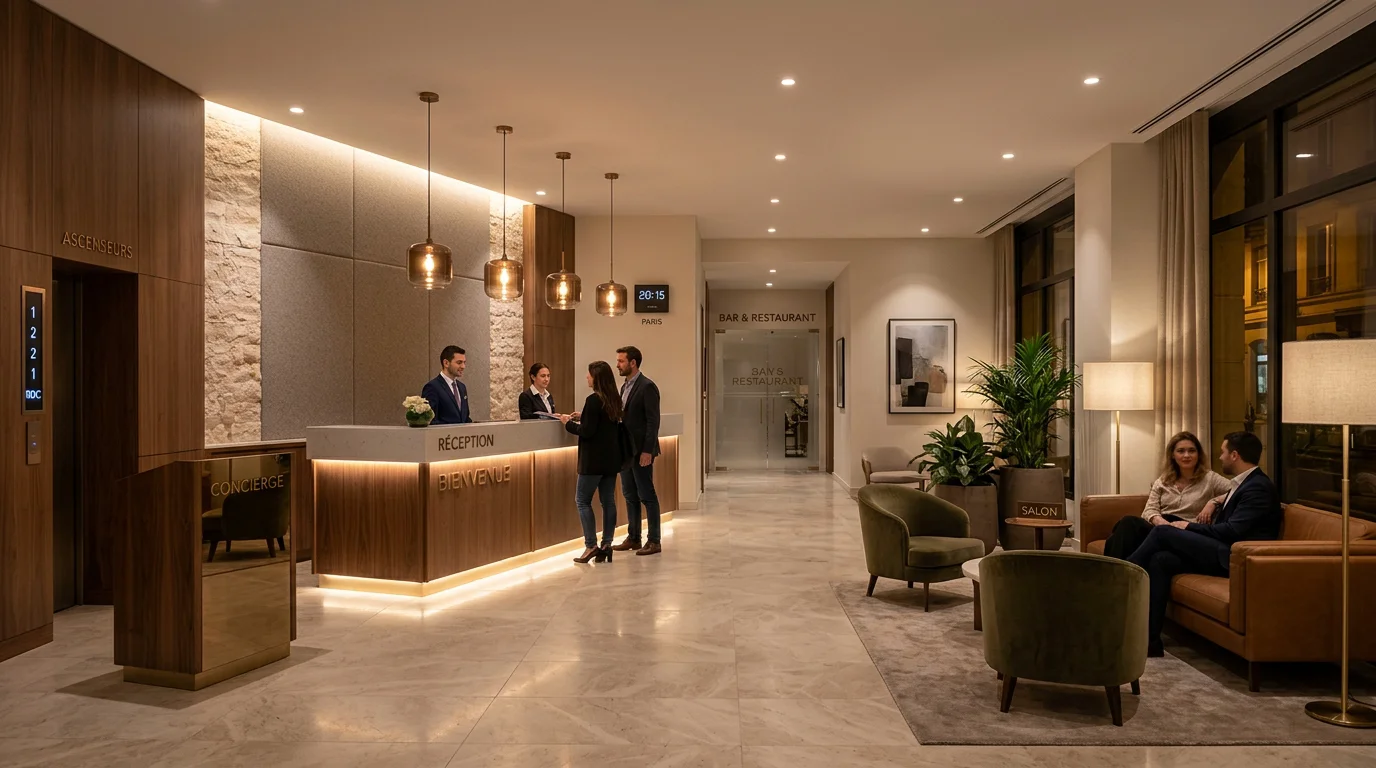 Hall d'hôtel mis en valeur par un éclairage connecté chaleureux le soir