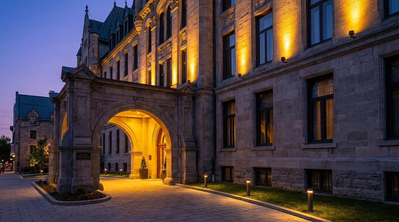 Façade d'hôtel illuminée au crépuscule avec éclairage architectural mettant en valeur la pierre et l'entrée chaleureuse