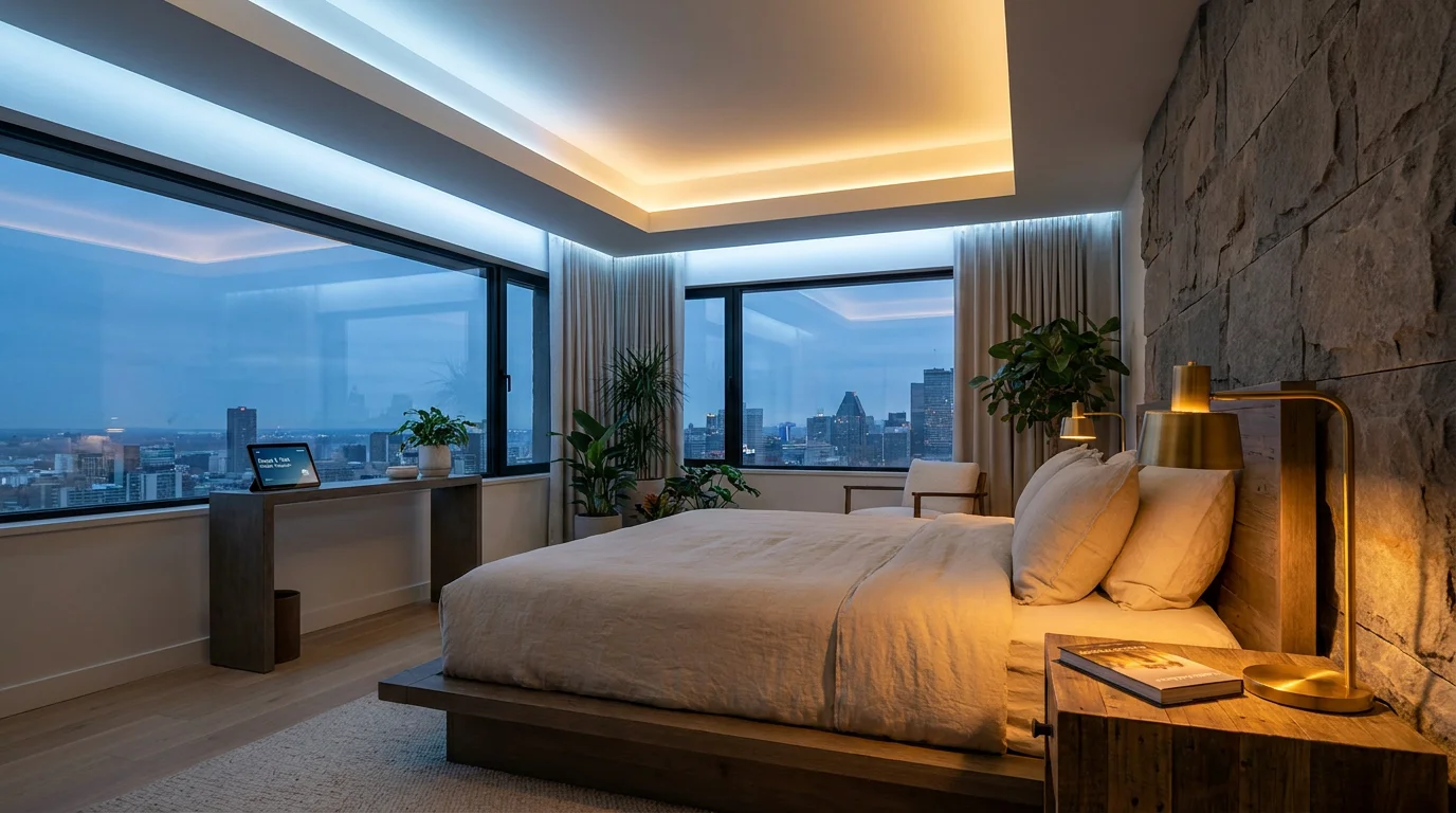 Chambre d'hôtel moderne avec éclairage circadien chaud en soirée, liseuse de chevet et lumière indirecte en corniche