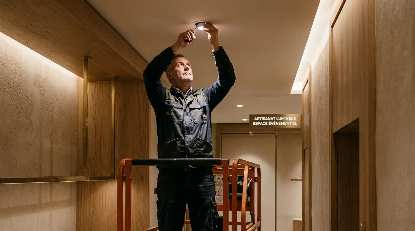 Technicien ajustant un projecteur lors d'une séance de focusing en éclairage dans un espace commercial