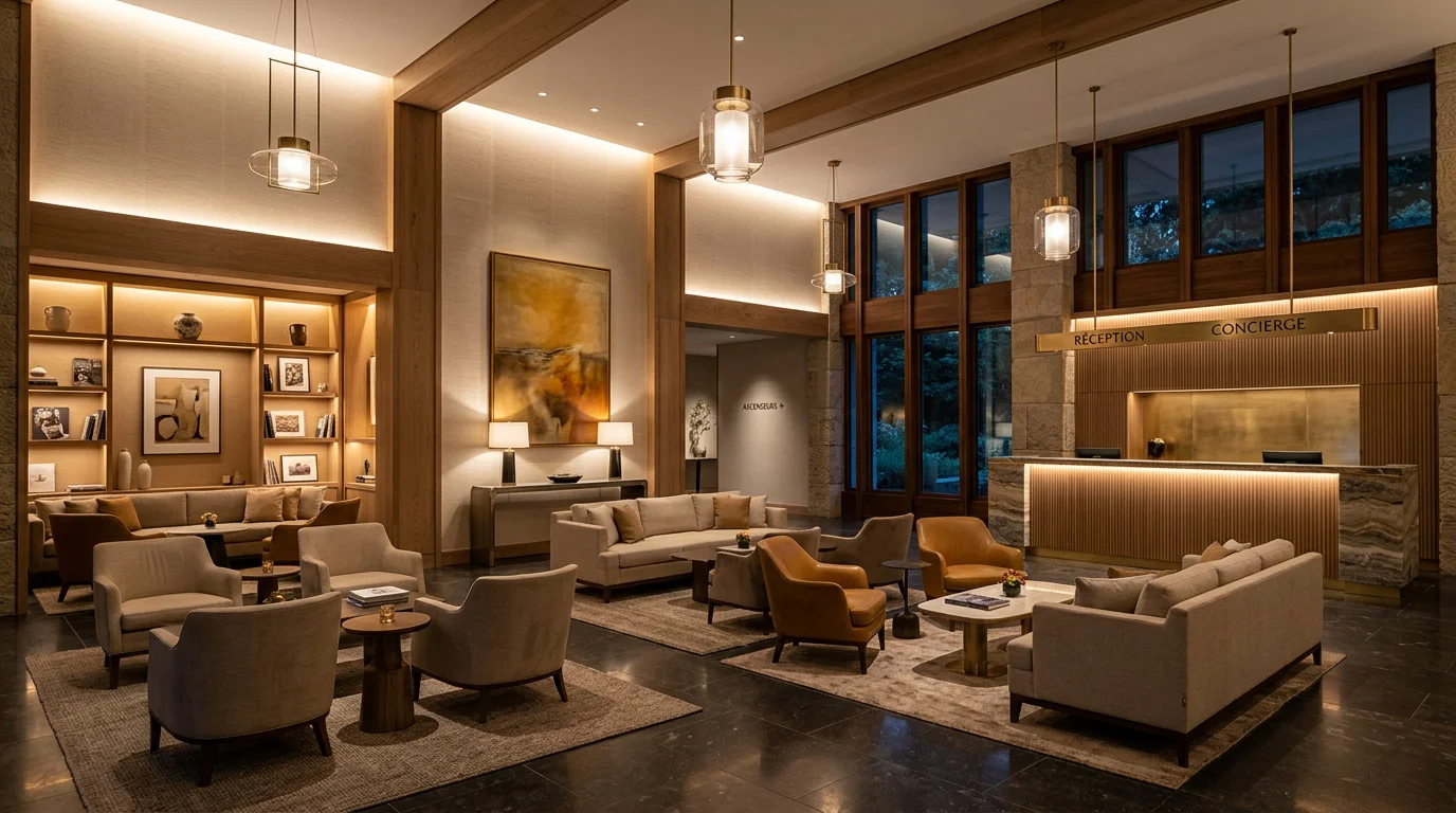 Hall d'hôtel mis en valeur par un design lumière durable et chaleureux