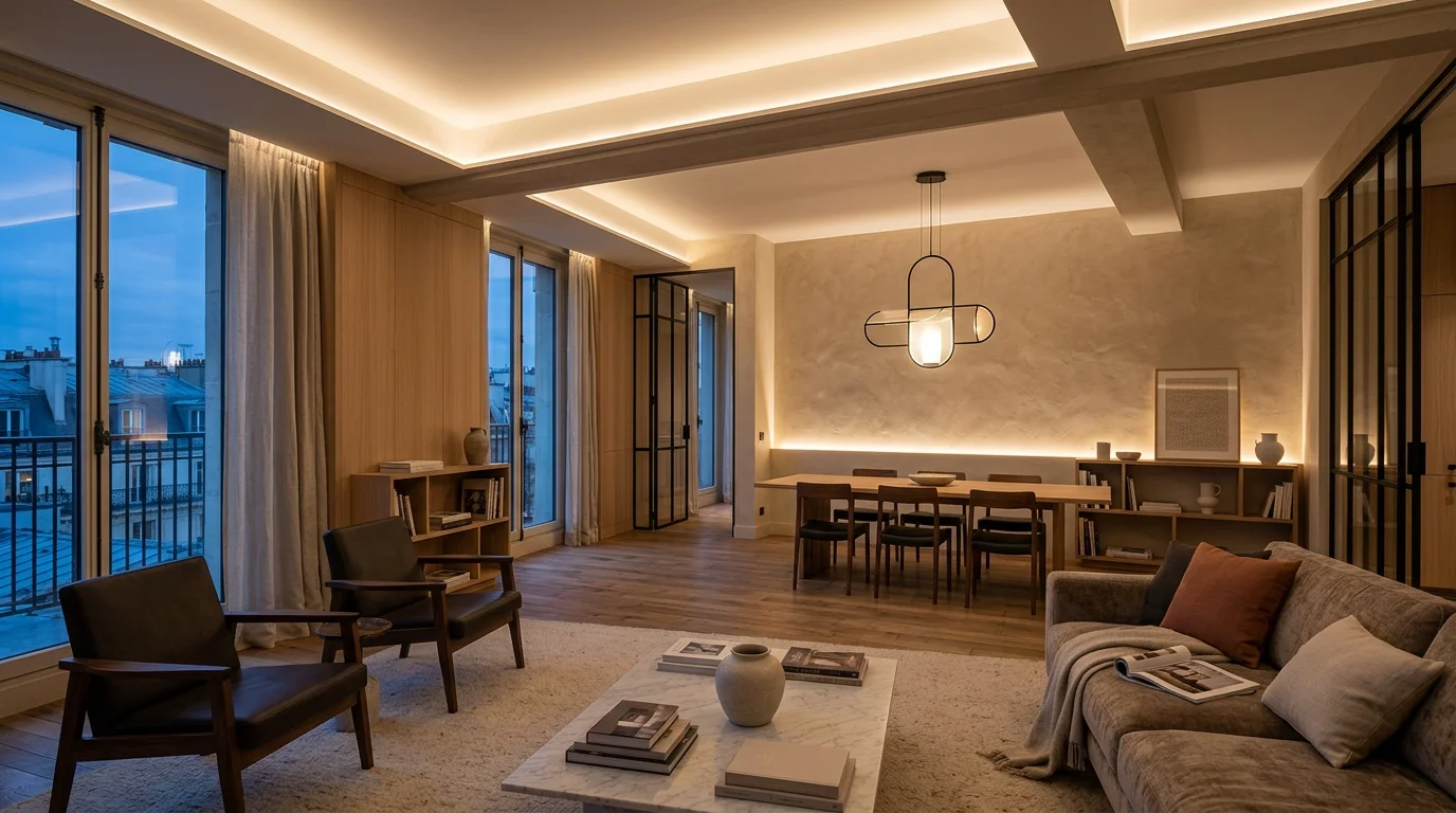 Espace de vie contemporain valorisé par un éclairage intérieur design en couches