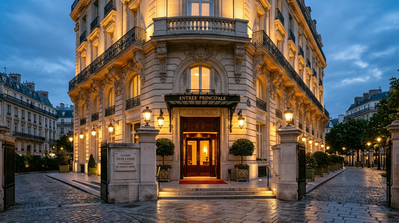 Façade d'un hôtel de luxe mise en valeur par un éclairage architectural à la tombée de la nuit
