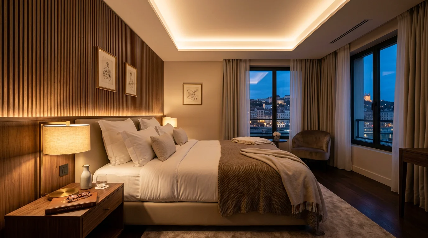 Suite d'hôtel de luxe illustrant les trois couches de lumière en soirée