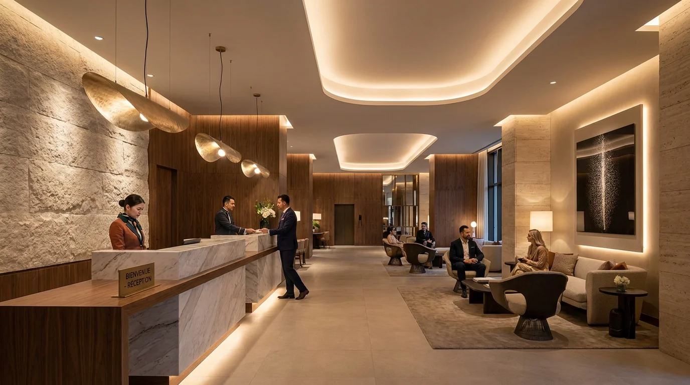 Hall d'hôtel contemporain sublimé par un éclairage professionnel architectural avec suspensions design et jeux de lumière