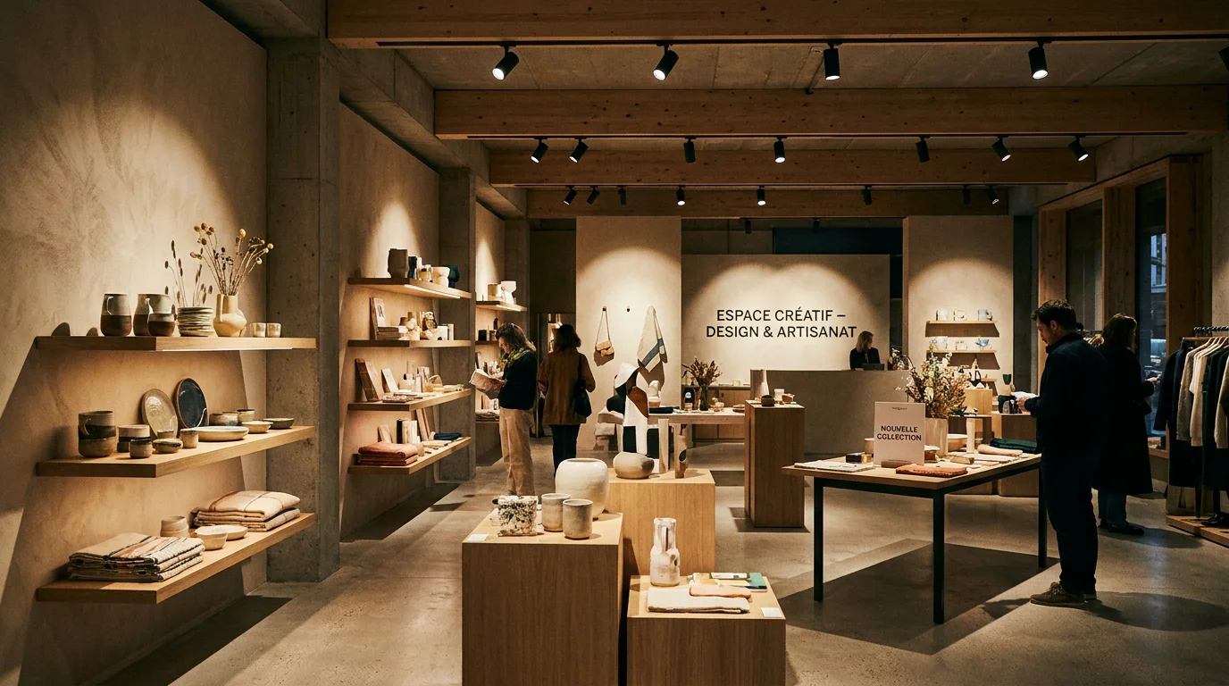 Espace commercial avec éclairage professionnel mettant en valeur les produits grâce à des spots directionnels