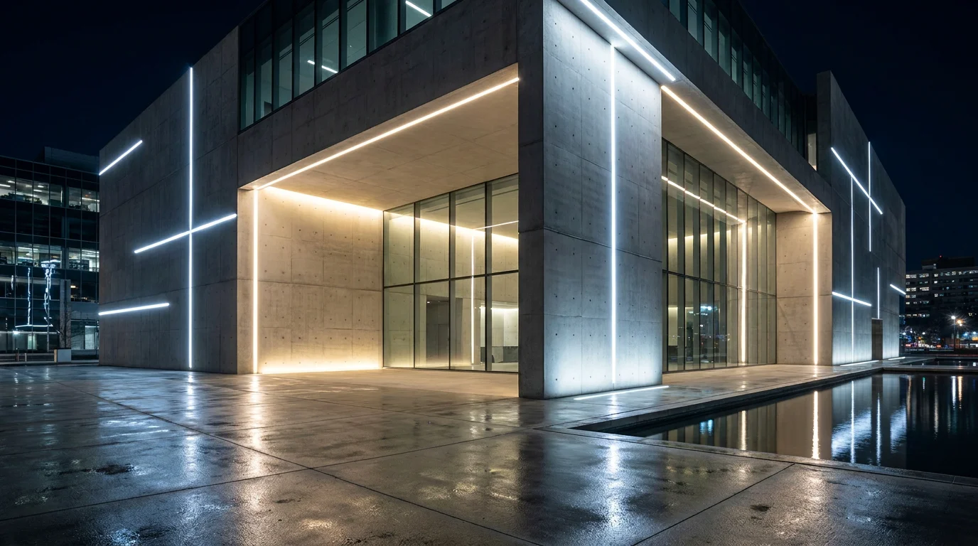 Façade de bâtiment contemporain mise en valeur par un éclairage architectural LED la nuit