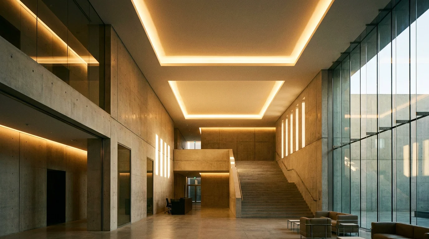 Hall contemporain sublimé par un éclairage architectural intégré aux parois et au plafond