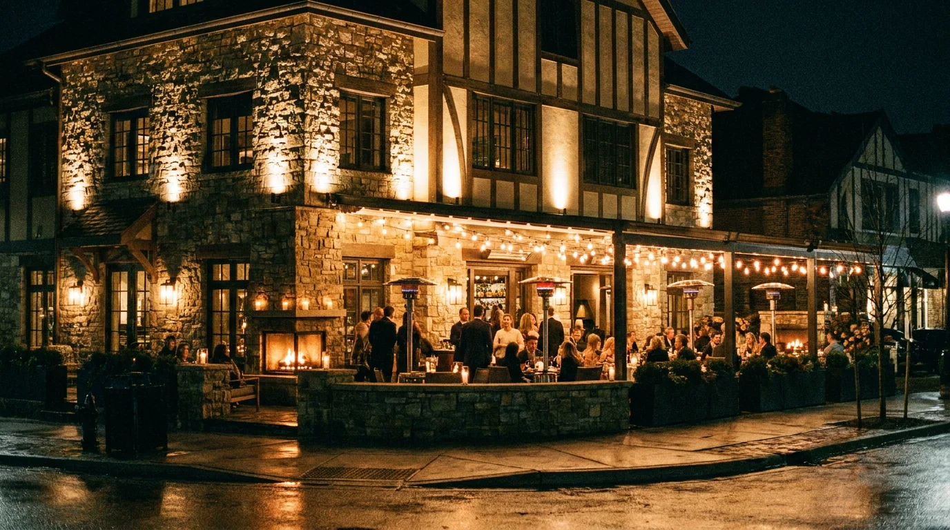 Façade de restaurant sublimée par un éclairage architectural chaleureux le soir
