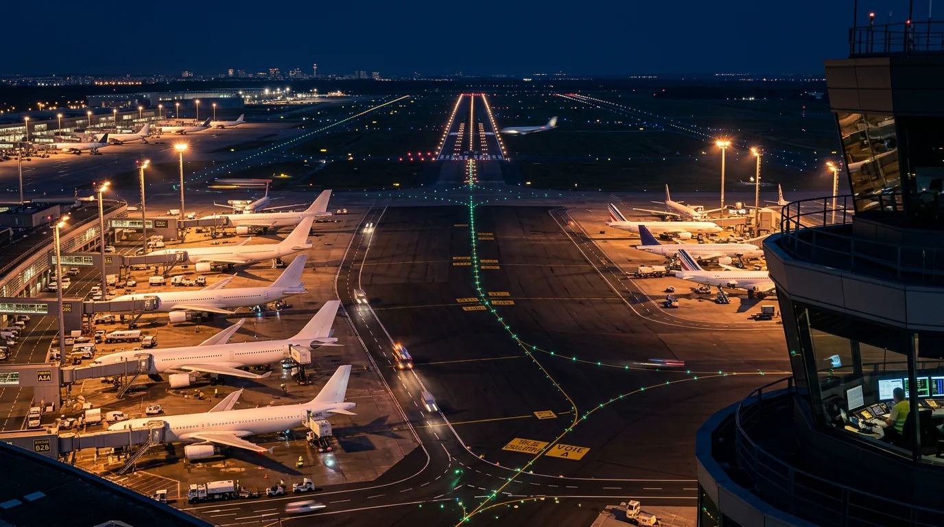 Vue nocturne d'un aéroport avec pistes et tarmac éclairés depuis la tour de contrôle