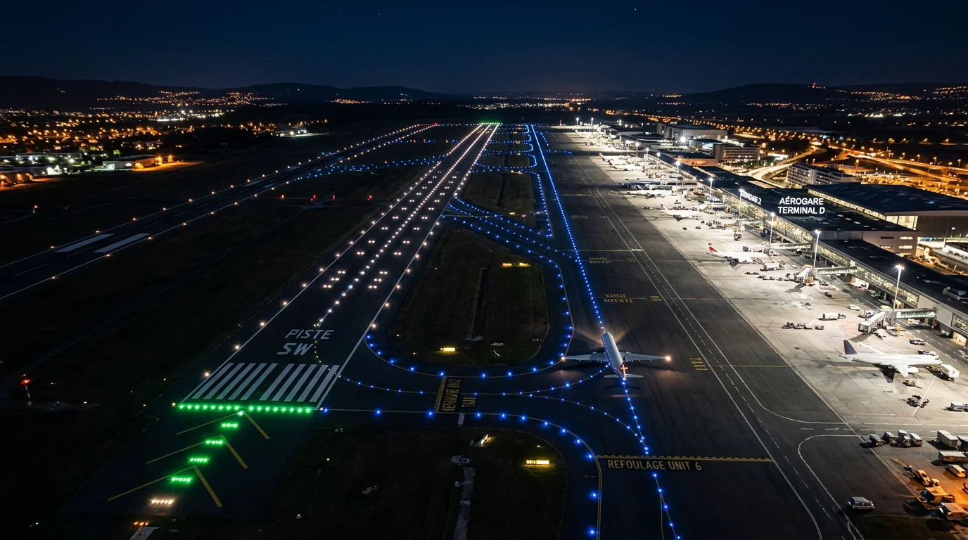 Vue nocturne aérienne d'une piste d'aéroport avec ses feux de balisage colorés