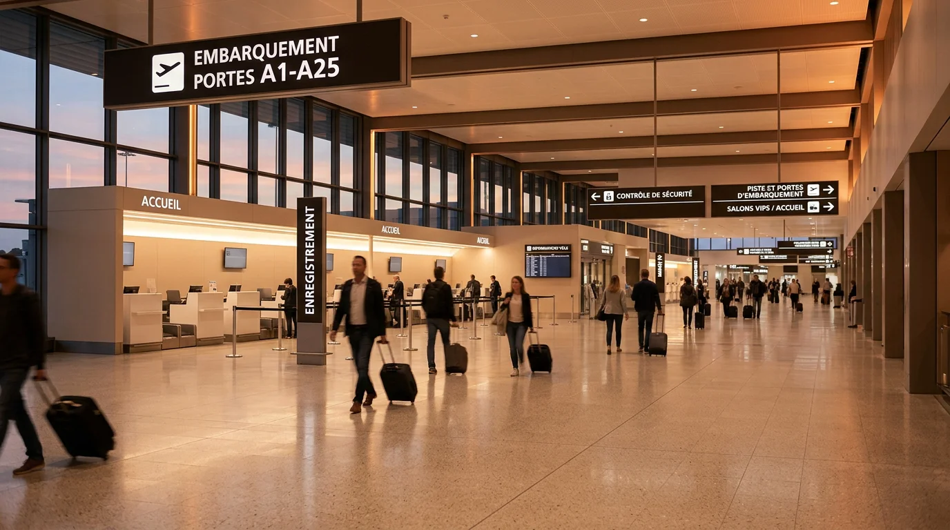 Hall de terminal d'aéroport moderne avec un éclairage d'accueil chaleureux au crépuscule