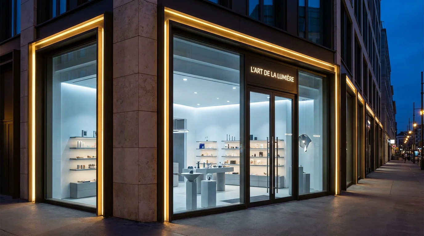 Devanture de boutique moderne au crépuscule avec un éclairage professionnel mettant en valeur l'architecture