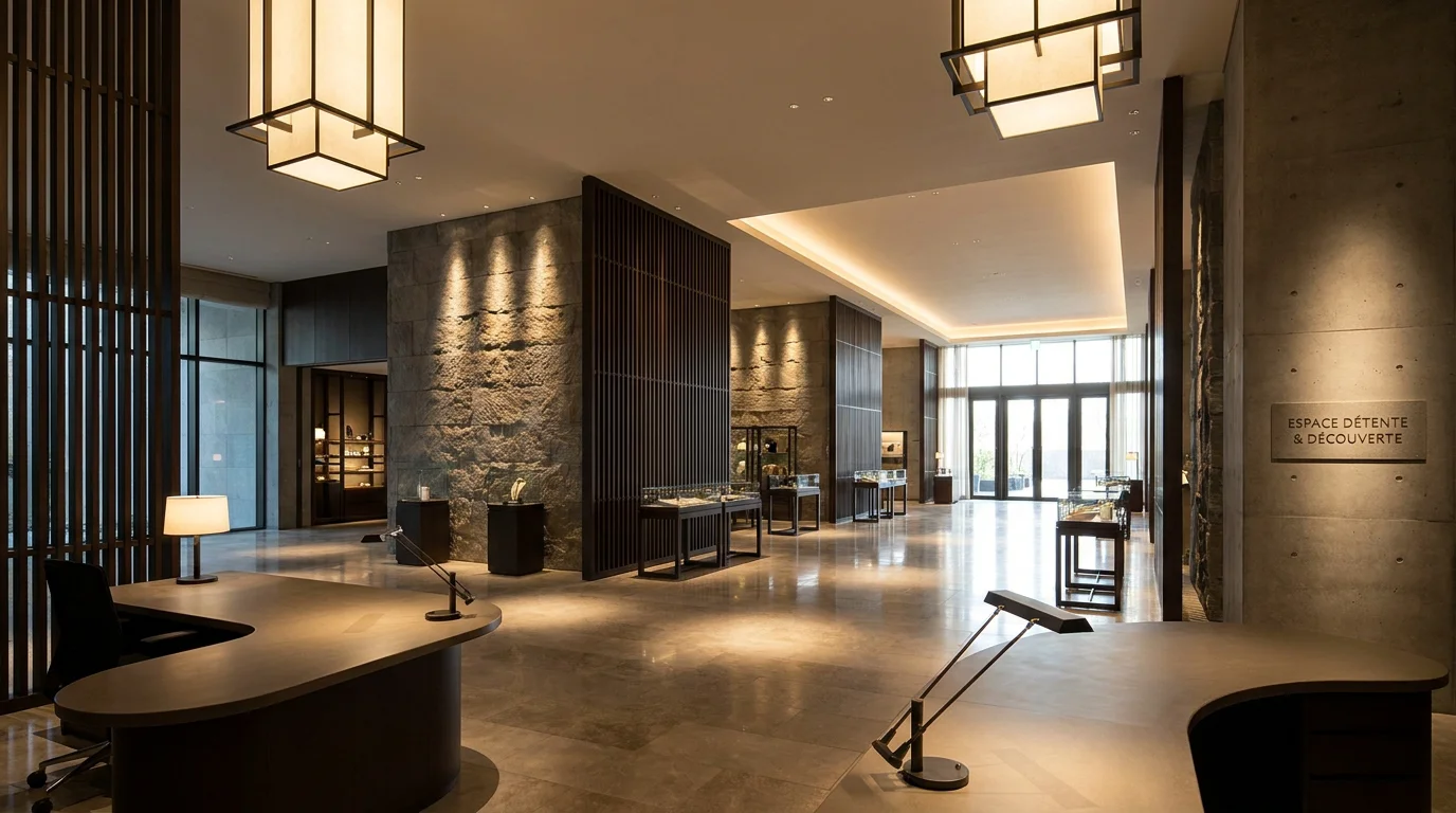 Espace commercial professionnel avec un éclairage multicouche combinant lumière d'accentuation, ambiance et éclairage fonctionnel