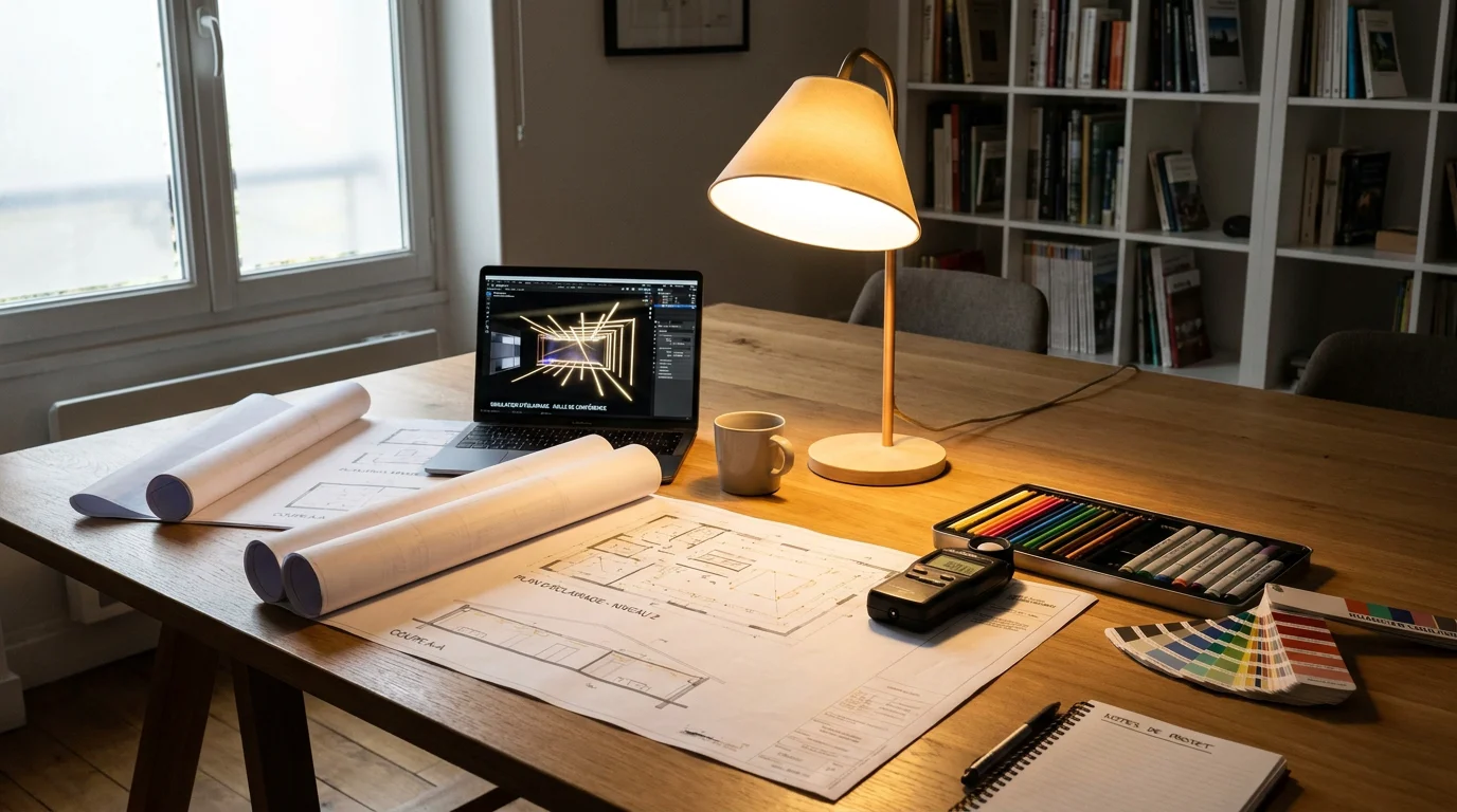 Table de travail professionnelle avec plans d'éclairage architectural, logiciel de simulation 3D et outils de mesure lumineuse