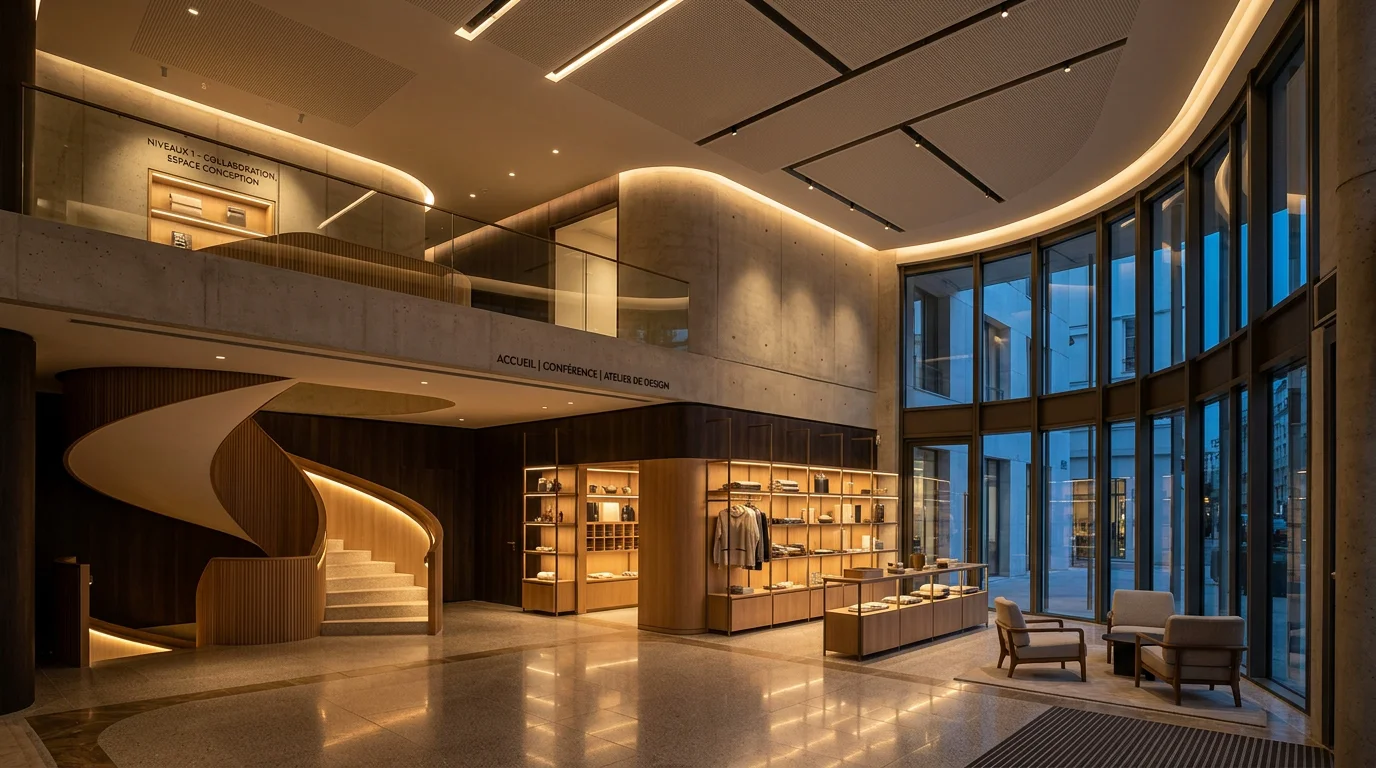 Espace commercial mis en valeur par un éclairage architectural soigné