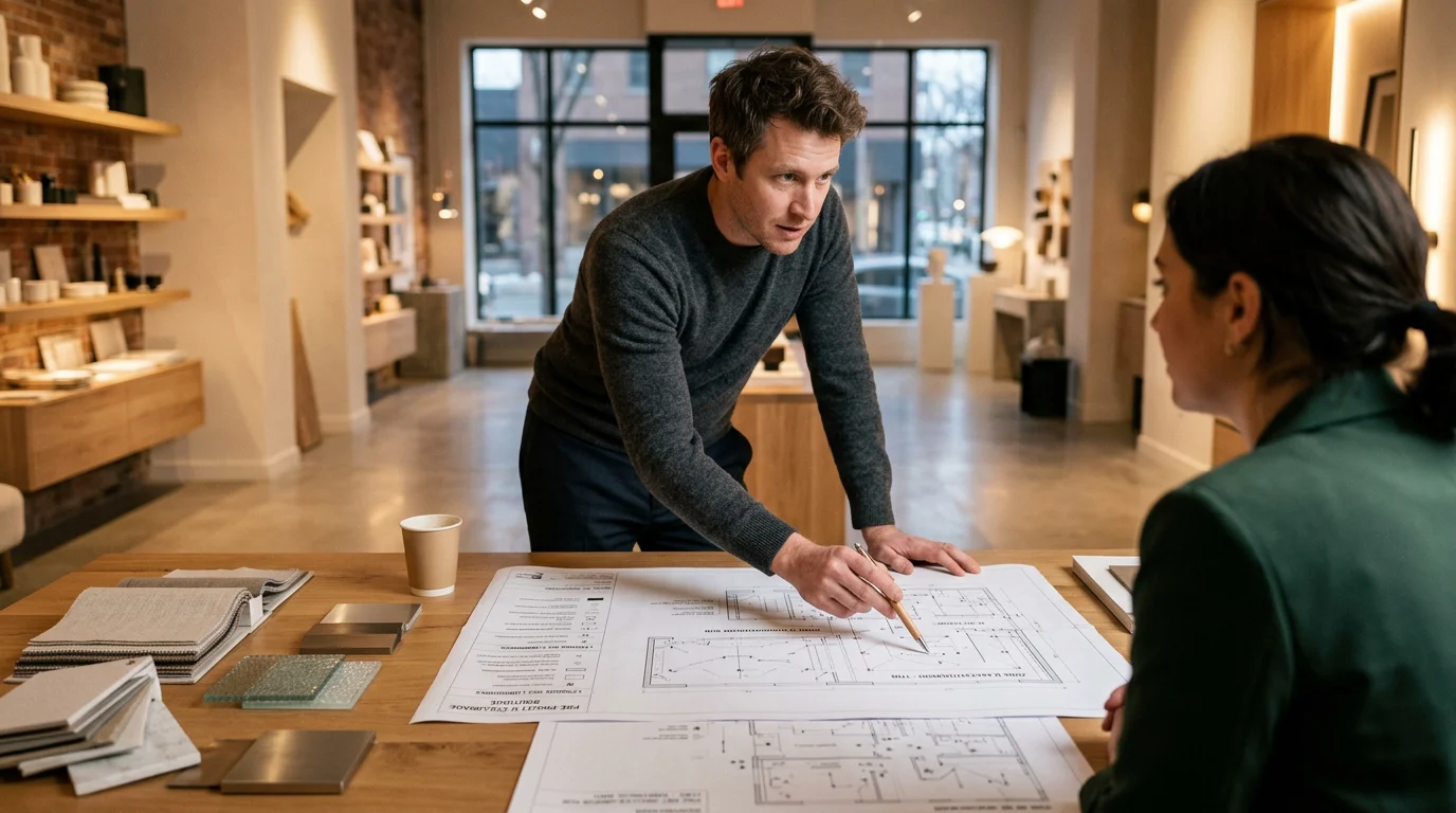 Concepteur lumière étudiant un plan d'éclairage dans un espace commercial