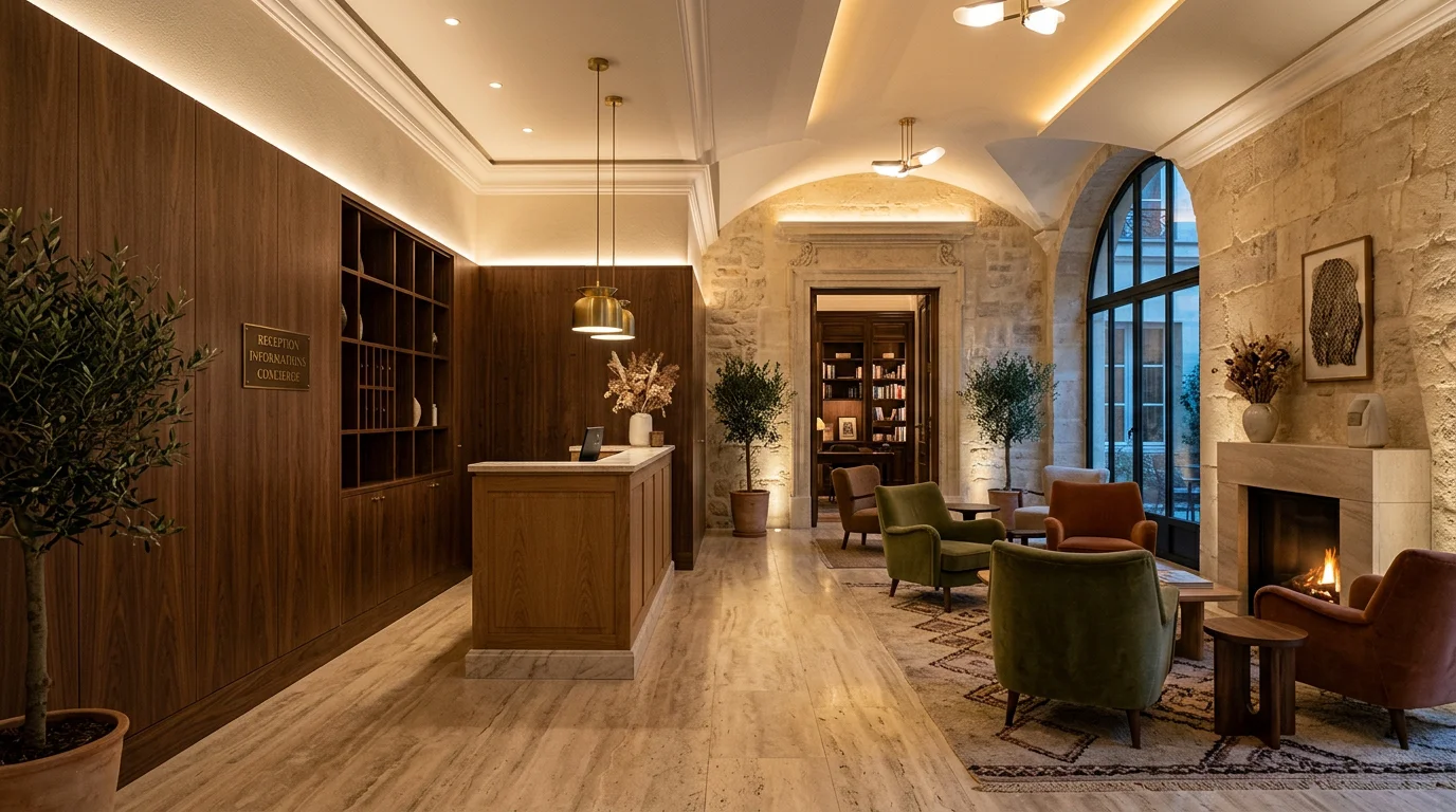 Intérieur d'hôtel mis en valeur par un éclairage architectural soigné