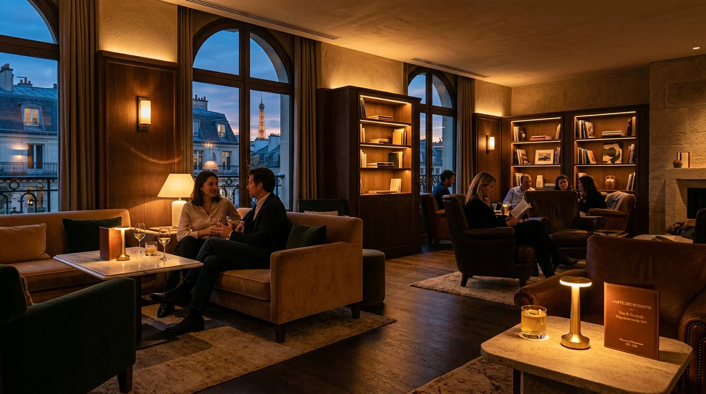 Salon d'hôtel éclairé par une lumière chaude tamisée au crépuscule