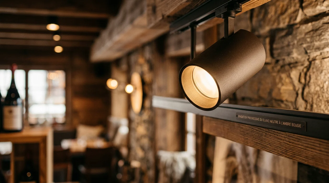Spot LED à gradation chaude éclairant un intérieur d'hôtellerie chaleureux