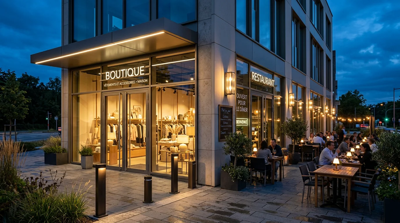 Façade de boutique et terrasse éclairées par des luminaires extérieurs design au crépuscule