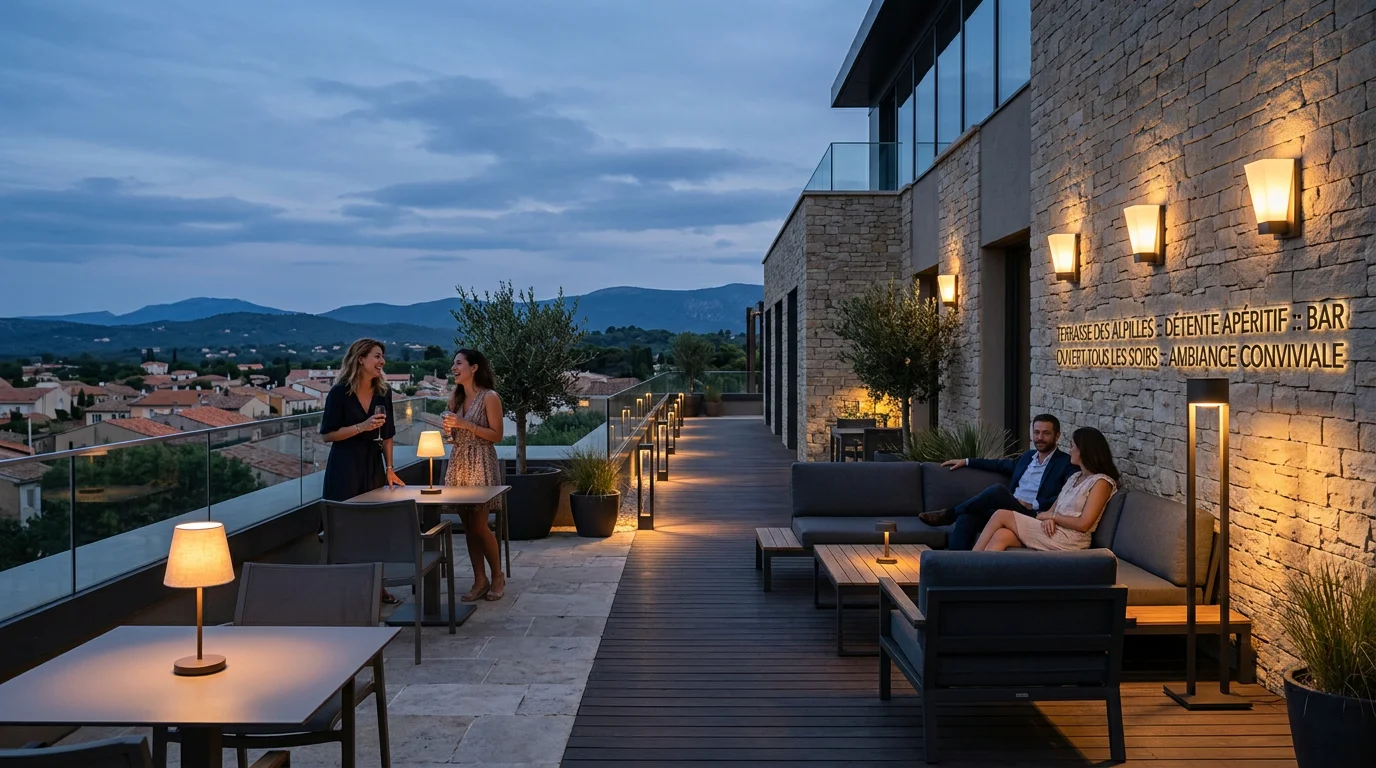 Terrasse d'hôtel éclairée le soir par plusieurs types de luminaires extérieurs design