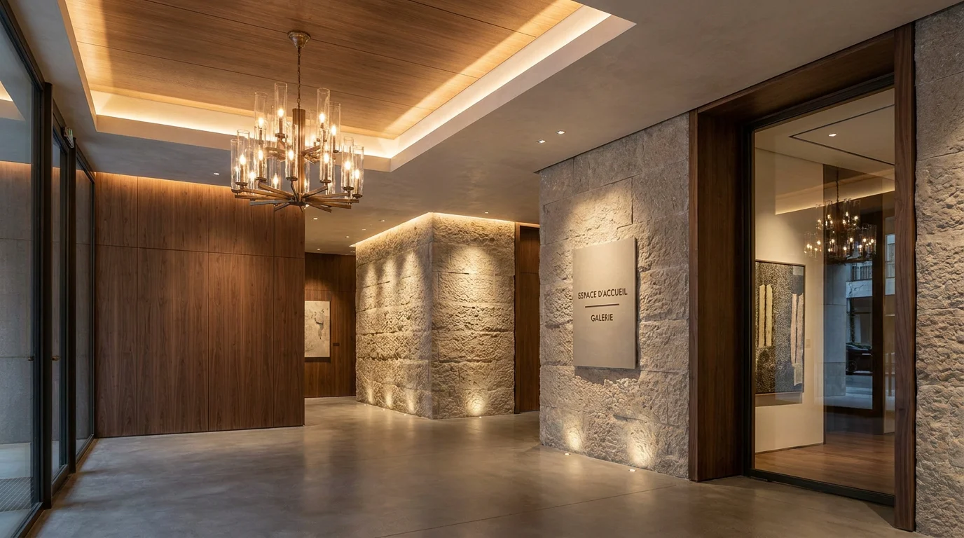 Hall d'entrée contemporain avec éclairage architectural mêlant lumière indirecte et accentuation