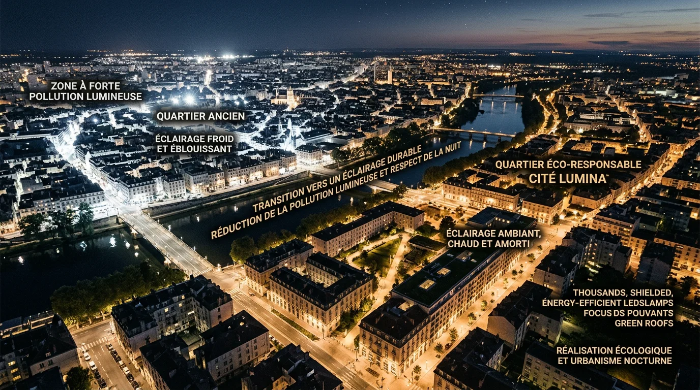 Vue nocturne d'un quartier passant d'un éclairage froid à une lumière chaude et maîtrisée