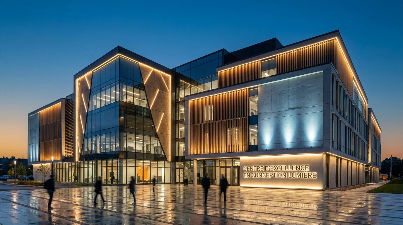 Façade d'un bâtiment contemporain sublimée par une conception lumière architecturale au crépuscule