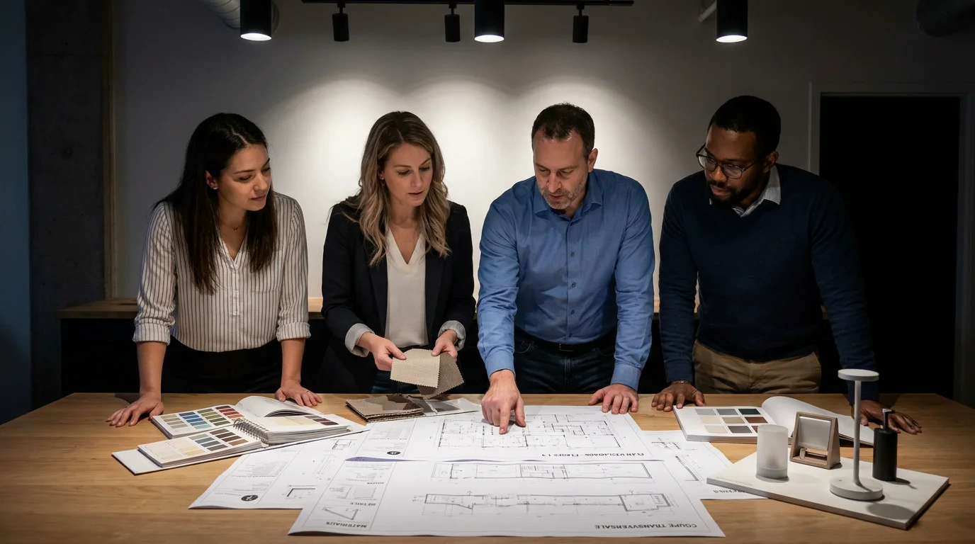 Équipe de spécialistes en éclairage analysant des plans architecturaux sous des spots directionnels
