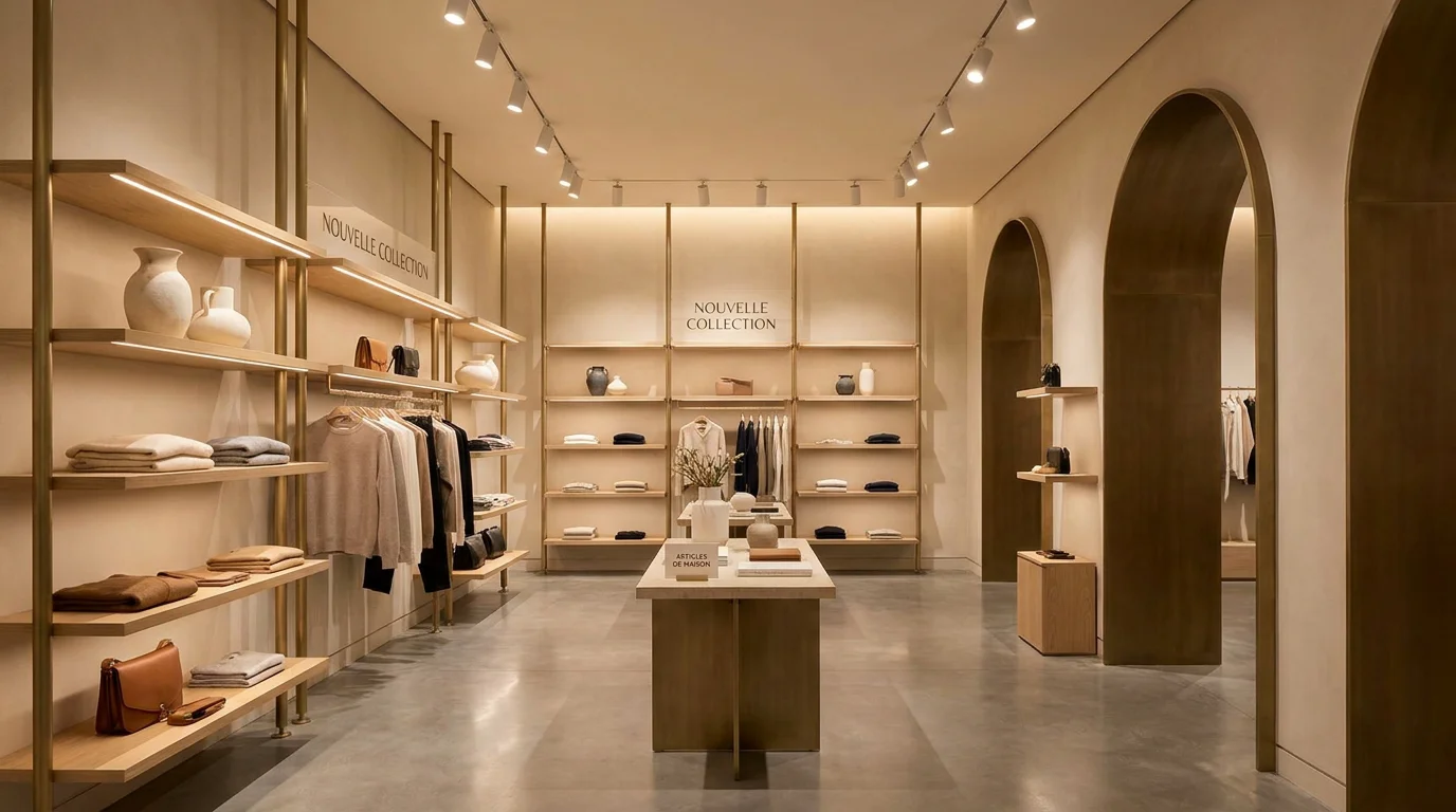 Intérieur d'une boutique retail avec un éclairage professionnel soigneusement conçu pour mettre en valeur les produits