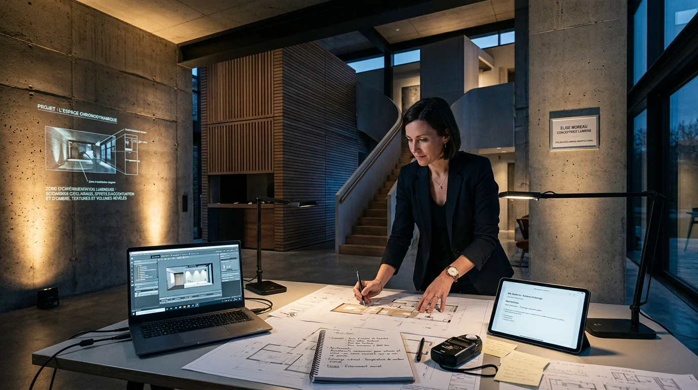 Éclairagiste concevant la mise en lumière d'un espace architectural moderne