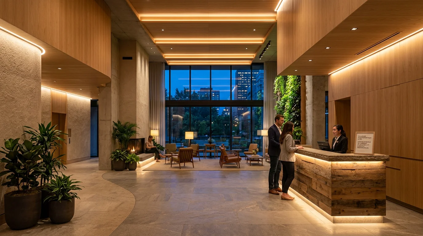 Installation d'éclairage LED durable dans un hall d'hôtel au crépuscule