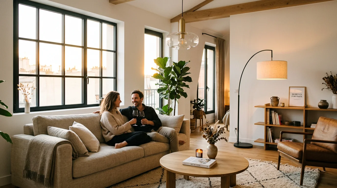 Intérieur lumineux mêlant lumière naturelle et éclairage décoratif