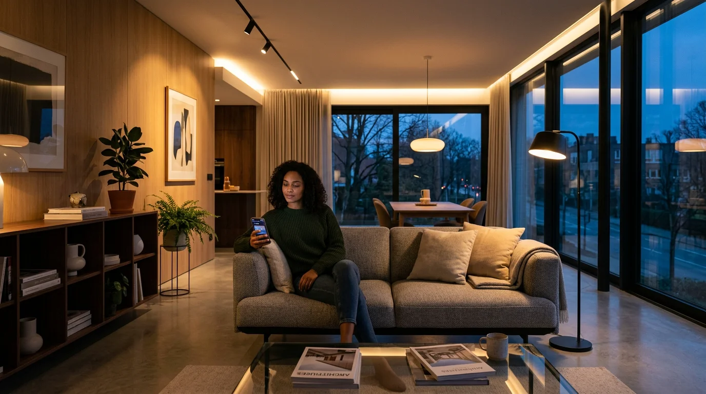 Personne pilotant un éclairage connecté depuis un smartphone dans un salon