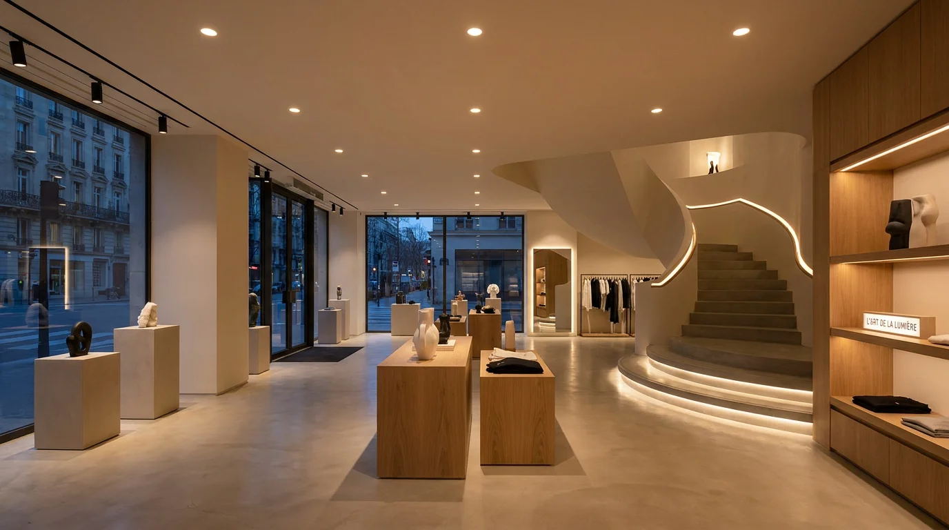 Espace commercial contemporain sublimé par une conception lumière professionnelle mêlant éclairage d'accentuation et lumière ambiante