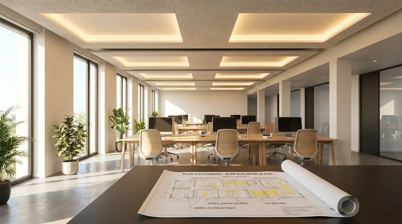 Bureau moderne avec un éclairage intérieur soigneusement conçu, combinant lumière naturelle et luminaires LED encastrés