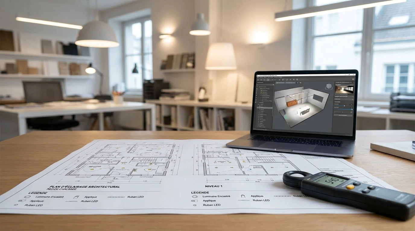 Plan d'éclairage architectural et logiciel de simulation lumineuse sur un bureau professionnel
