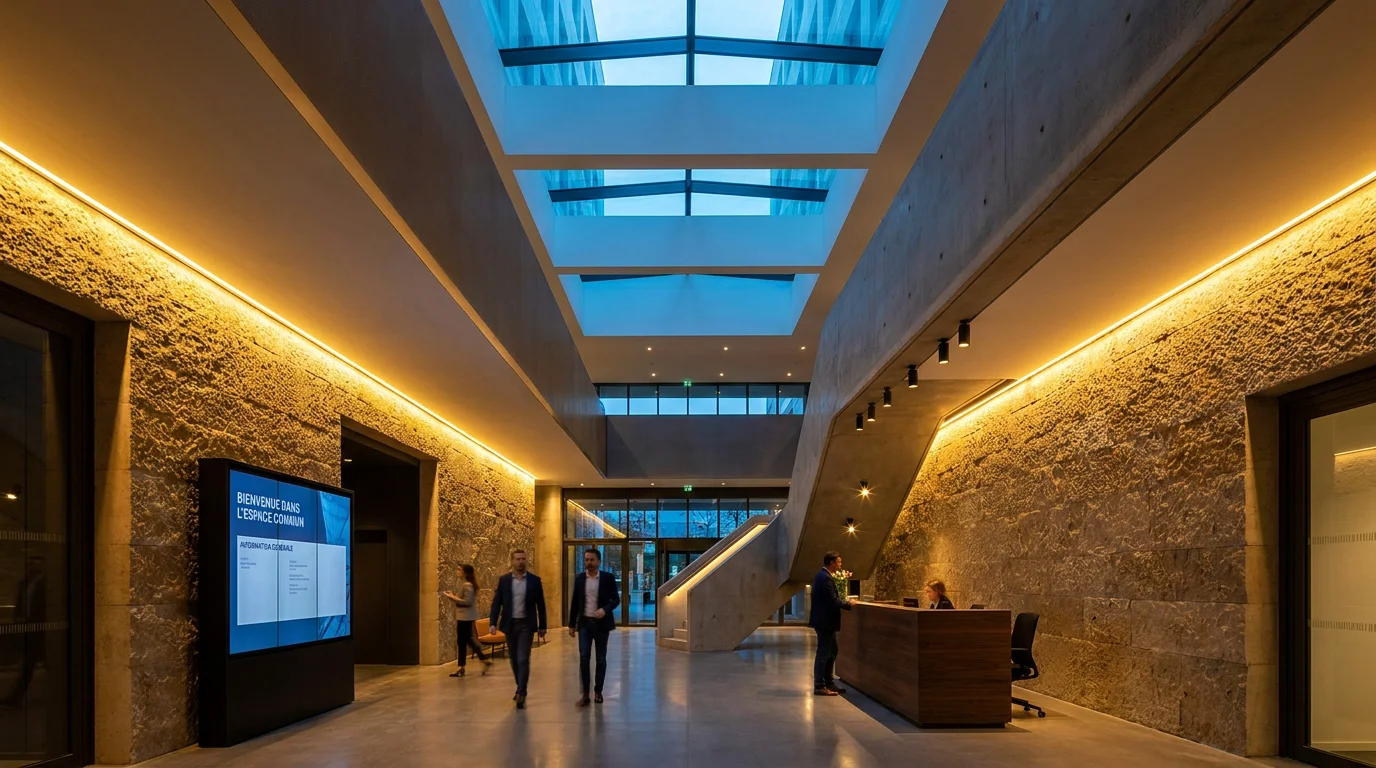Intérieur architectural sublimé par une conception lumière professionnelle mêlant lumière naturelle et artificielle