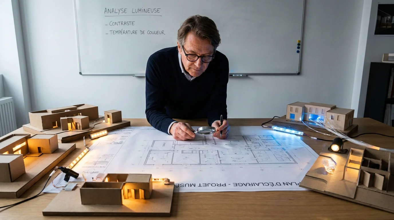 Architecte lumière étudiant des plans d'éclairage dans un studio de conception