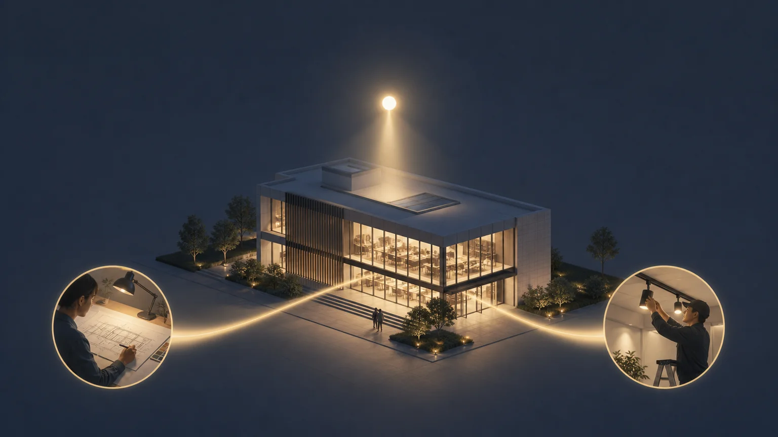 Illustration d’un bâtiment professionnel bénéficiant d’un éclairage piloté comme un service